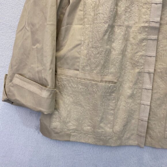 Chico's Size 2 (Large 12) Textured Open Front Jacket Tan Beige Cuffed 3/4 Sleeve - Picture 10 of 16